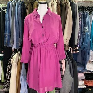 Dots Fuchsia Studded Collar Long Sleeve Dress
